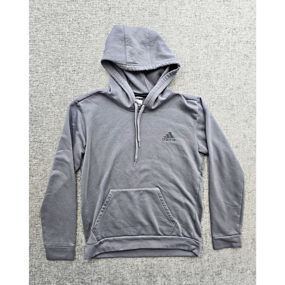 adidas Gray Fleece Pullover Hoodie Logo Drawstring Pockets Men's Size S